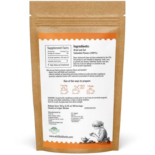 Image of 100 Bags Calendula Tea Dried Calendula Flowers Herb Tea (Calendula Officinalis) - 100 Count 1.5 g Bags Kalendula