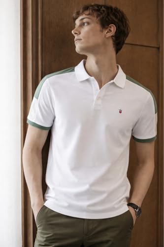 Image of Louis Philippe Men's Slim Fit Premium High-End Pique in Superior Cotton Cut & Sew Design Color Block Shoulder Half Sleeve Polo Tshirt