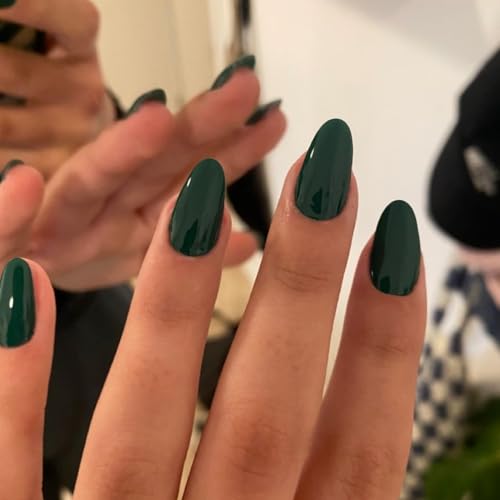 Dark Green Press on Nails Short Oval Acrylic Nails Press on Emerald Medium Short Oval Fake Nails for Women Thick Round Nail Glue on Medium Almond Nails Soft Gel False Nail 24Pcs