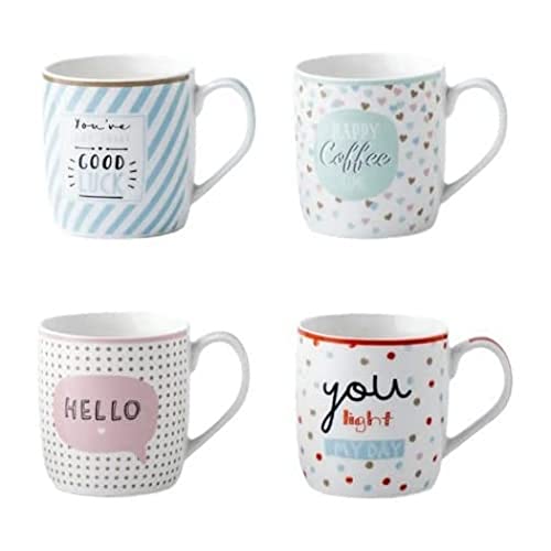 The House of FlorenceI Pastel and Sweetheart Bone China Mugs 4 Pieces Set, Assorted, 345 ml Capacity