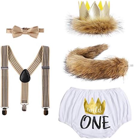 Baby Boys 1st/2nd Birthday Cake Smash Outits Lion Wild One Crown Fancy Dress Up Party Halloween Costume Shorts Bowtie SuspendersW/Tail 5PCS Clothes Set White-Wild One 0-24Months