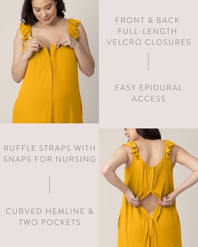 Image of Kindred Bravely Ruffle Strap Labor and Delivery Gown for Birthing & Nursing | Soft maternity hospital gown with velcro for monitoring, epidural, skin-to-skin contact, breastfeeding nightgown with pockets