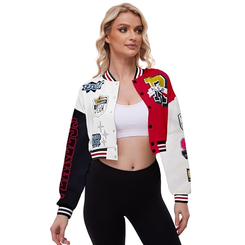 Womens Cropped Varsity Jacket Print Colorblock Bomber Jacket Casual Button Down Coat Lightweight Outwear with Pockets