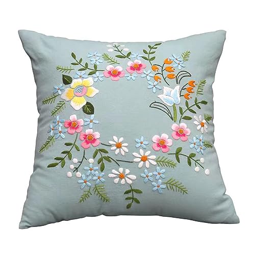 Juego de bordado, funda de almohada, funda de almohada, juegos de manualidades para adultos, principiantes, kit de bordado a mano, funda de almohada con estampado floral y marco de bordado sin inserto