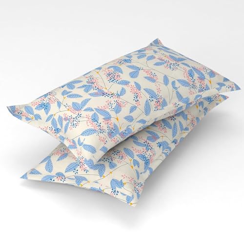 Image of HOMEKART Premium Cotton Elastic Fitted Bedsheets with 2 King Size Pillow Covers Double Bed with All Around Elastic Supersoft Size - 72 x 78 +10 inches Flower Print Off White and Blue 200 tc - 220 tc