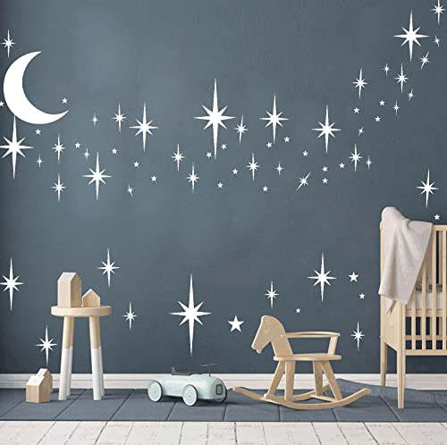 Image of Stars and Moon Wall Decal Star Decals for Walls Nursery Wall Decal White Stick on Stars Vinyl Walls Stars Sticker Removable Peel and Stick Vinyl Stickers for Kids Girls Bedroom