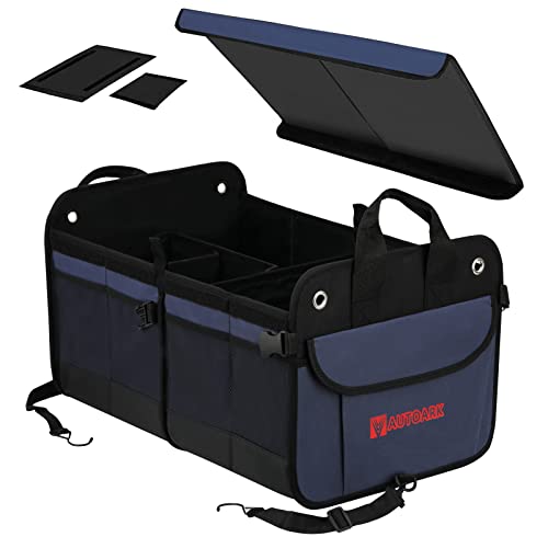 AUTOARK Multipurpose Car Trunk Organizer with Foldable Lid and Straps,Non-Slip Waterproof Bottom,Durable Collapsible Adjustable Compartments Cargo Storage,Navy Blue,AK-142