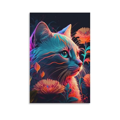 Chat et fleur néon 7 tableaux muraux salon et intérieur ado