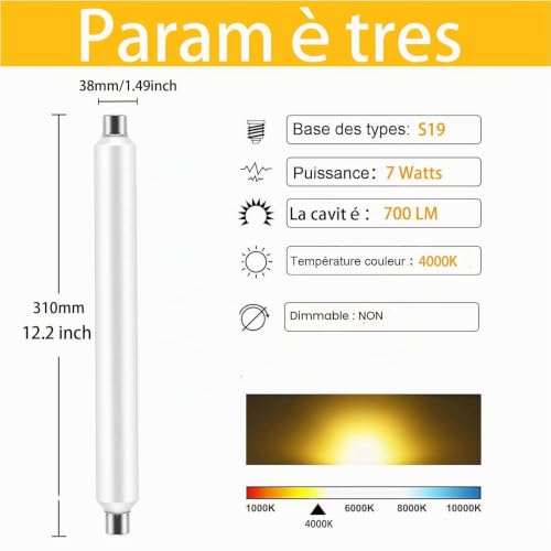 JQslight Tube LED S19 7W Blanc Nature 4000K, Équivalence 70W Incandescence, Neon 310mm Pour Miroirs et Lampes Peinte, 1 Pièce – vue 2