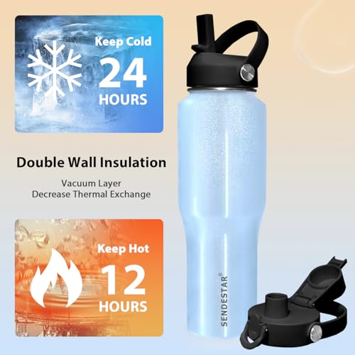 Image of SENDESTAR 32oz Stainless Steel Water Bottle(Cold for 48 Hrs, Hot for 24 Hrs),Double Wall Vacuum Insulated Bottle with Straw Lid, Spout Lid and Flex Cap, Fit in Any Car Cup Holder