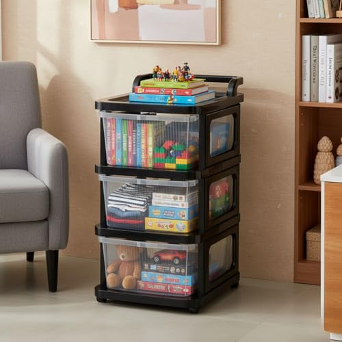 Image of Aliensware 3Layer Plastic Storage Drawer Organizer with Wheels, Modular Cabinet for Home, Office, School, Hospital, Parlor, Morden Kitchen,Clothes, Toys Organiser for Kids Room-Aliens-Clear Black