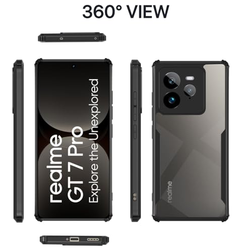 Image of Pikkme Crystal Clear Transparent Back Cover | Ultra Hyrbid | Full Camera Protection | Raised Edge | Bumper Case for Realme GT 7 Pro 5G (Black)