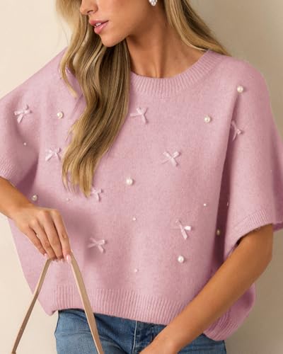 Kedera Womens Short Sleeve Bow Sweater Crewneck Cropped Pearl Top Bow Embellished Top Loose Pullover Thick Knitwear4