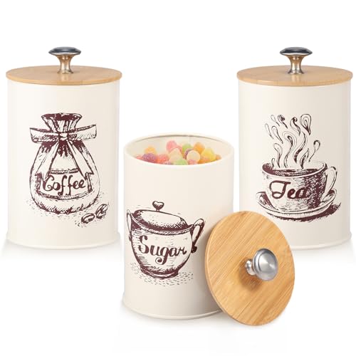Lot de 3 bocaux en métal pour thé, café et sucre, 1000 ml, avec couvercles en bois hermétiques, 13 × 9,5 cm, bocaux carrés pour thé en vrac, café,...