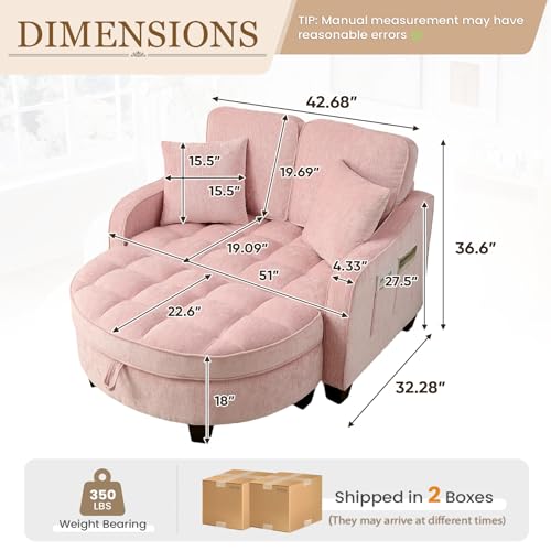 Image of Oversized Chair and A Half, Chenille Tufting Accent Cozy Reading Sofa Chair with Storage Ottoman, Upholstered Loveseat Chaise Lounge Sofa with Adjustable Back for Living Room, Office, Sunroom, Pink