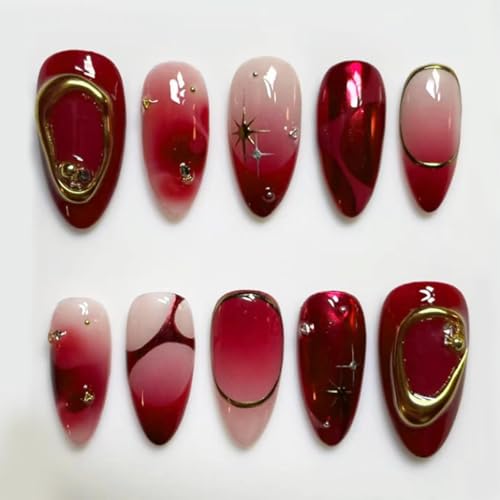 GlamRays 30 pièces Ongles Autocollants Rouges, Faux Ongles Amande Courts avec étoiles dorées en 3D, Design Perle, Press-ons, recouvrement Complet, Brillant, Ongles artificiels en Acrylique