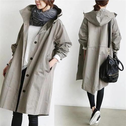 Women's Hooded Windbreaker Solid Fall Casual Vintage Long Sleeve Loose Coat Midi Length Jacket With Pocket3
