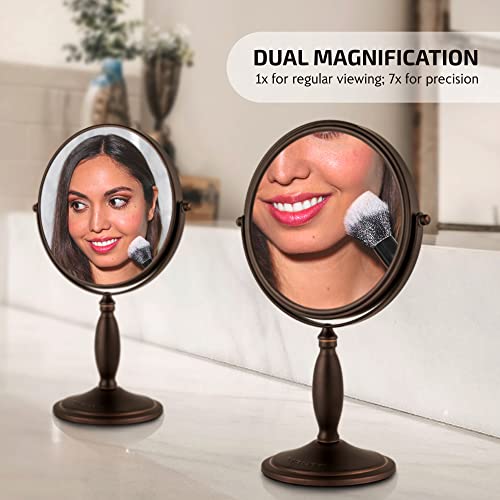 Ovente 8'' Tabletop Makeup Mirror, 1X & 7X Magnification, Adjustable Spinning Double Sided Round Magnifier, Modern Décor For Office, Bath, Hotel, Compact For Travel, Antique Bronze Mnlat80Abz1X7X #TOP1
