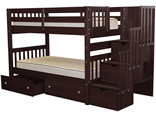 Bedz King Stairway Bunk Beds Twin Over Twin With 3 Drawers In The Steps And 2 Under Bed Drawers, Dark Cherry #TOP1