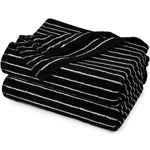 Image of Black Bath Towels Set of 2, Striped Towels for Bathroom, Beach & Shower