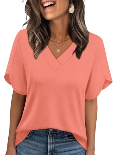 Image of WIHOLL Womens Summer Tops Short Petal Sleeve Shirts Fashion V Neck Womens Clothing