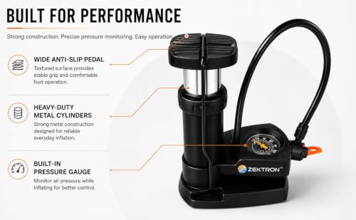 Image of ZEKTRON Foot Pump for Car & Bike Tyres | 160 PSI High Pressure Portable Air Pump with Pressure Gauge | Dual Valve Heavy Duty Floor Inflator for Bicycle, Motorcycle, Football & Sports Balls