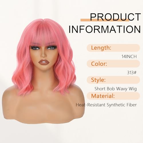 ago pink wigs short wavy hair pastel bob wig with bangs shoulder length synthetic hair for women girl colorful cosplay wig synthetic heat resistant fiber for daily party halloween use313pink