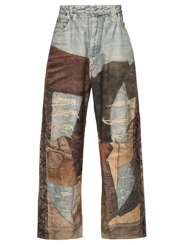 Angsuttc Wide Leg Lounge Pants for Women Color Block Faux Denim 3D Digital Printed Pant Elastic Faux Jean Brown L