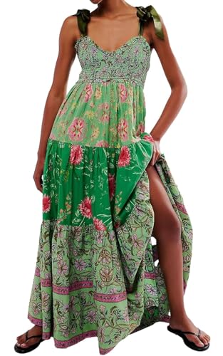 Women Floral Maxi Dress Sleeveless Tie Shoulder...