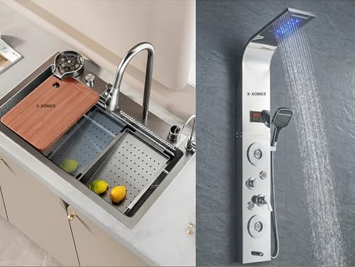 Image of X-XONIER 304 Grade Stainless Steel 7 In 1 Shower panel and All in One Sink Combo Multifunction Handheld Mist Spray Temperature Display (silver)