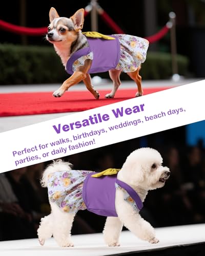 Image of CuteBone Dog Dress for Small Dogs Girl, Floral Summer Dresses with Bow & Ruffle Sleeve, UPF50+ Sun Protection, Cute Pet Clothes for Puppy for Birthday Wedding Party Beach ZSFX07L