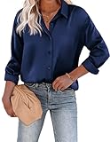 Chigant Women's Satin Silk Long Sleeve Button Up Shirt Casual Loose Work Blouse Top (Navy Blue,XX-Large)