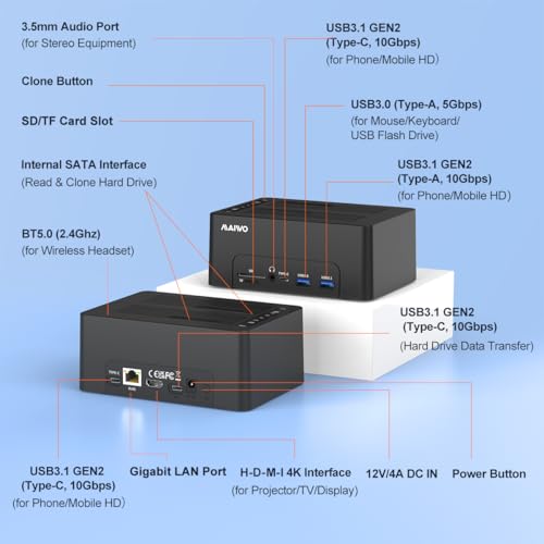 MAIWO Dual Bay 2.5'' 3.5'' SATA HDD SSD Enclosure Duplicator Off-line Cloner, USB-C Docking Station USB 3.1 Laptop Dock, with HD-MI Port/4 USB Hub/Gigabit Ethernet/3.5mm Audio/BT5.0, SD TF Card Slot