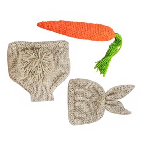 Hoement Conjunto de Disfraz para Fotografía de Pascua para Recién Nacidos 3 Piezas de Ganchillo de Algodón Hipoalergénico Gorro de Conejo y Pantalones Adecuado para Sesiones de Fotos y