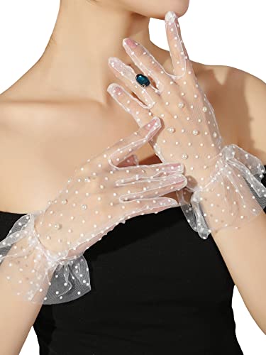 OYOANGLE Womens Polka Dots Pearls Sheer Mesh Tea Party Gloves Ruffle Trim Bridal Gloves White one-size