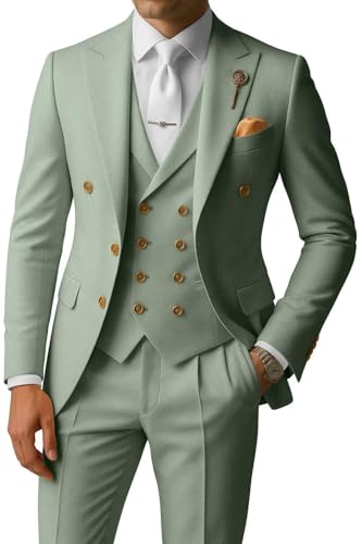 Men 3 Piece Herringbone Slim Fit Suits Wedding Tuxedos Double Breasted Two Button Peak Lapel Blazer Vest Pants Set ALV17