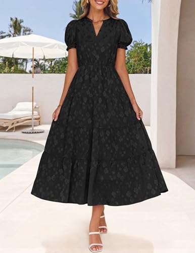 Image of ZESICA Womens Summer Floral Flowy Midi Dress 2026 Puff Short Sleeve V Neck Ruffle Tiered Beach Vacation Party Dresses