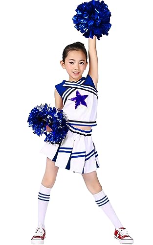 LOLANTA Girls' Cheerleading Costumes with Pompoms and Socks, Kids Halloween Fancy Dress Up, Cheerleader Outfit, Blue, 4-5 Years, 110