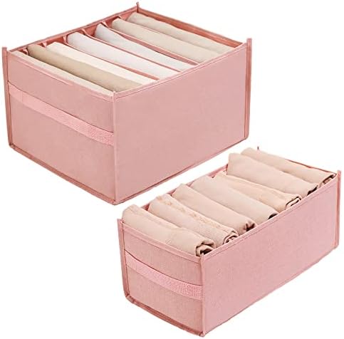 Wardrobe Clothes Organizer, Foldable Drawer Dividers for Clothes, Jeans, Underwear, Legging, Skirts, Sock, T-shirt, Closet Organizers and Storage Nylon Washable Clothes Drawer 7Grids-Pink, Large+Small
