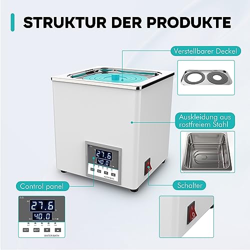 LAB FISH Laborwasserbad 3L, 300W - Einzelbohrung, Edelstahl - Präzisions-Thermostat ±0,1°C - Timer 0-999 Min - LED Display