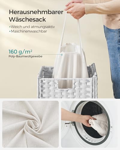 SONGMICS 90L Wäschekorb handgeflochten, mit Deckel und Griffen, Wäschesammler aus synthetischem Rattan, faltbar, Baumwolle Wäschesack in der Maschine waschbar，Waschküche，weiß LCB51WT - 6