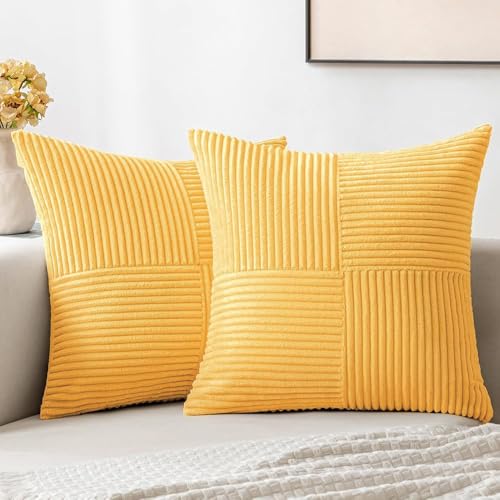 Image of MIULEE Yellow Decorative Throw Pillow Covers 18x18 Inch for Couch Bed Sofa Pack of 2 Boho Farmhouse Throw Pillows Soft Cross Corduroy Patchwork Textured Cushion Cases