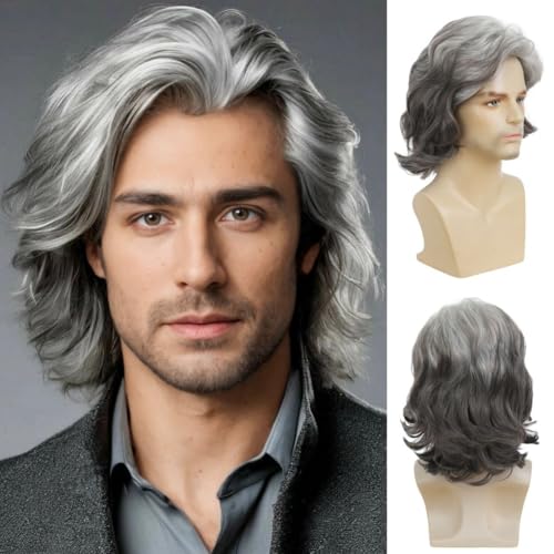 Siudus Mens Grey Short Wig Layered Middle Part Hair Wigs Heat Resistant Fibre Daily Cosplay Wig