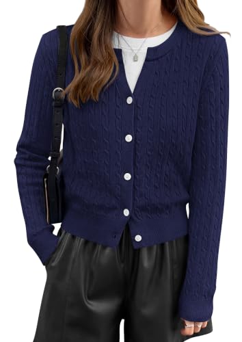 NALANISA Women's Cable Knit Cropped Cardigan Sweater V Neck Button Down