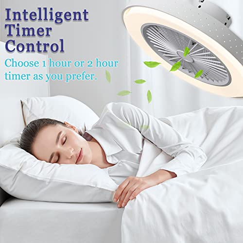 Modern Ceiling Fan With Light Low Profile 20”, Bladeless Ceiling Fan With Light And Remote Control Flush Mount Ceiling Fan Light 3 Colors 3 Speeds Timer For Bedroom Kids Room Living Room White #TOP2