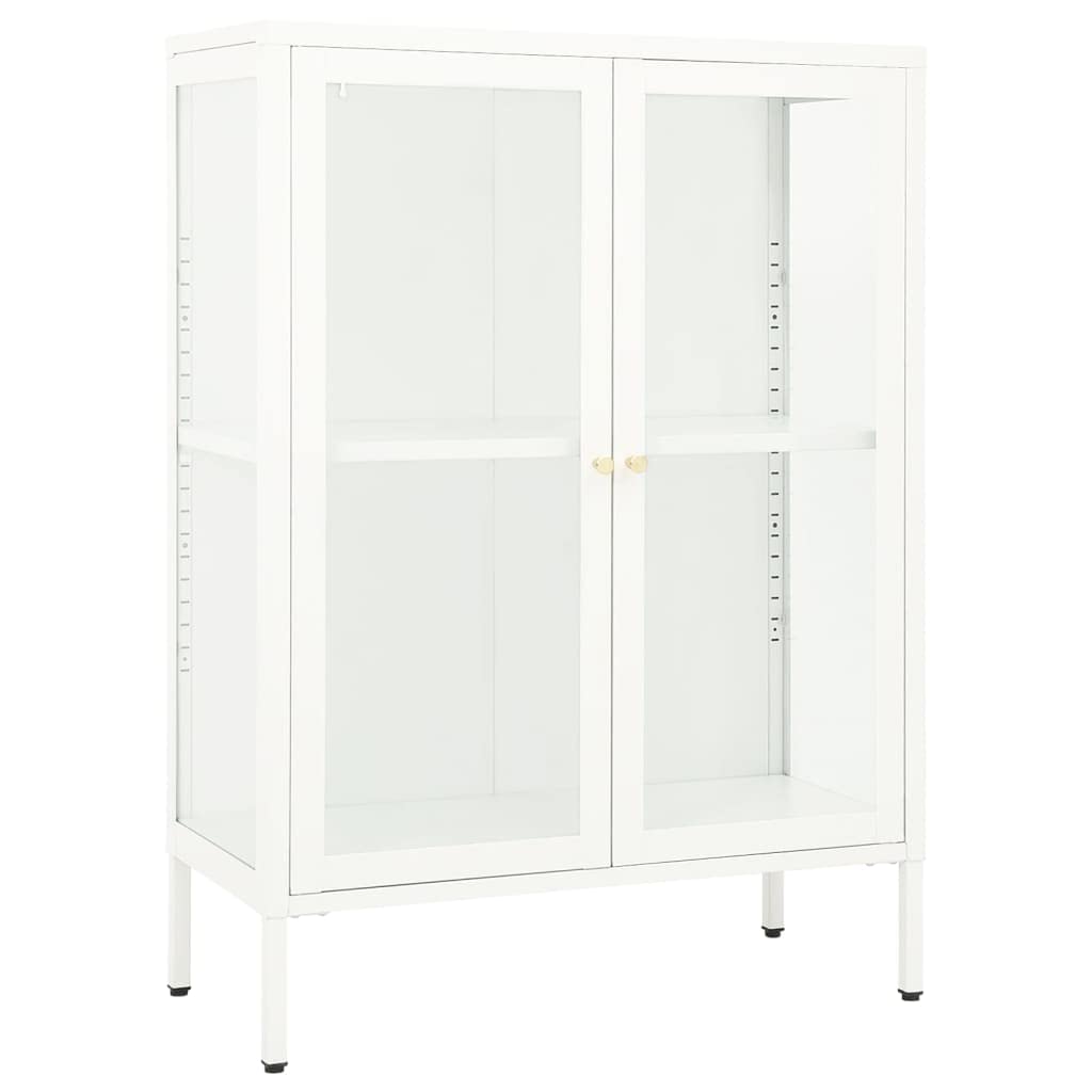 Aparador blanco de 75 x 35 x 105 cm, de acero con recubrimiento en polvo y cristal templado, con estantes ajustables, ideal como armario de almacenamiento para salón y cocina