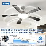 Passky Ventilateur de plafond avec lumière LED silencieux 132cm, Télécommande, Moteur CC réversible, 3 réglages de couleur, Fonction été-hiver, 6 vitesses, Minuterie, Int/ext, Noir