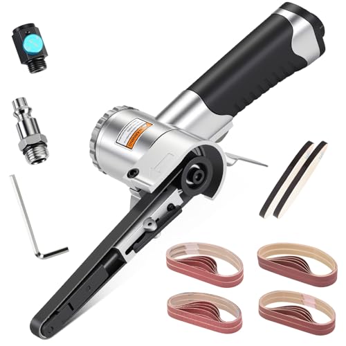 3/8 x 13 Air Belt Sander Variable Speed Knob Pneumatic Tool with 40 Sandpapers (80/120/180/240 Grit) 360 Rotatable Arm for Metal Sanding & Deburring
