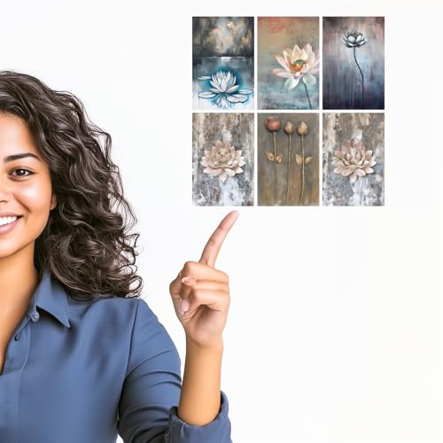 Image of SiddArtify Serene Lotus Flower Art Print Set - Teal Grey and Rose Gold - Set of 2-4x6 Inch - Board (Pack of 6) - Sticker (Pack of 6) Wall Room Decoration art Poster Prints