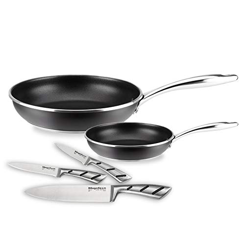 Magefesa Black Steel - Set de 5 Piezas, 2 Sartenes Negras + 3 Cuchillos, Acero Inoxidable 18/10, Libre PFOA/PFTE, Antiadherente Tricapa, Inducción